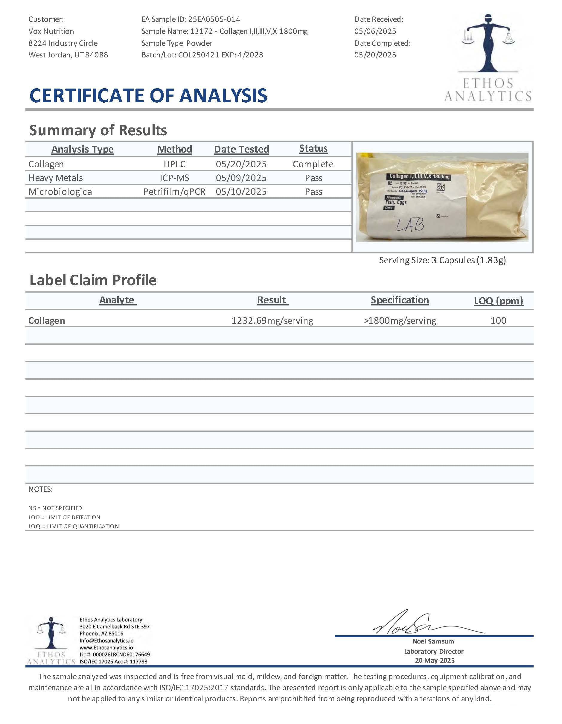 Livsglød — Collagen for skin and joints. Third-party lab test results.