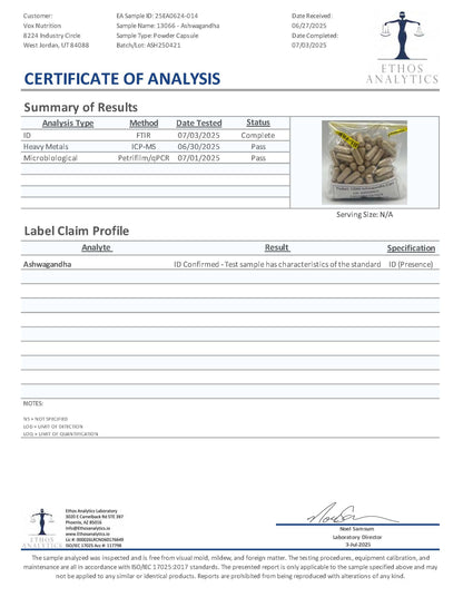 Varme — Ashwagandha + Black Pepper, stress adaptogen. Third-party lab test results.
