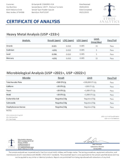 Samarbeid — Platinum Turmeric, anti-inflammatory. Third-party lab test results.