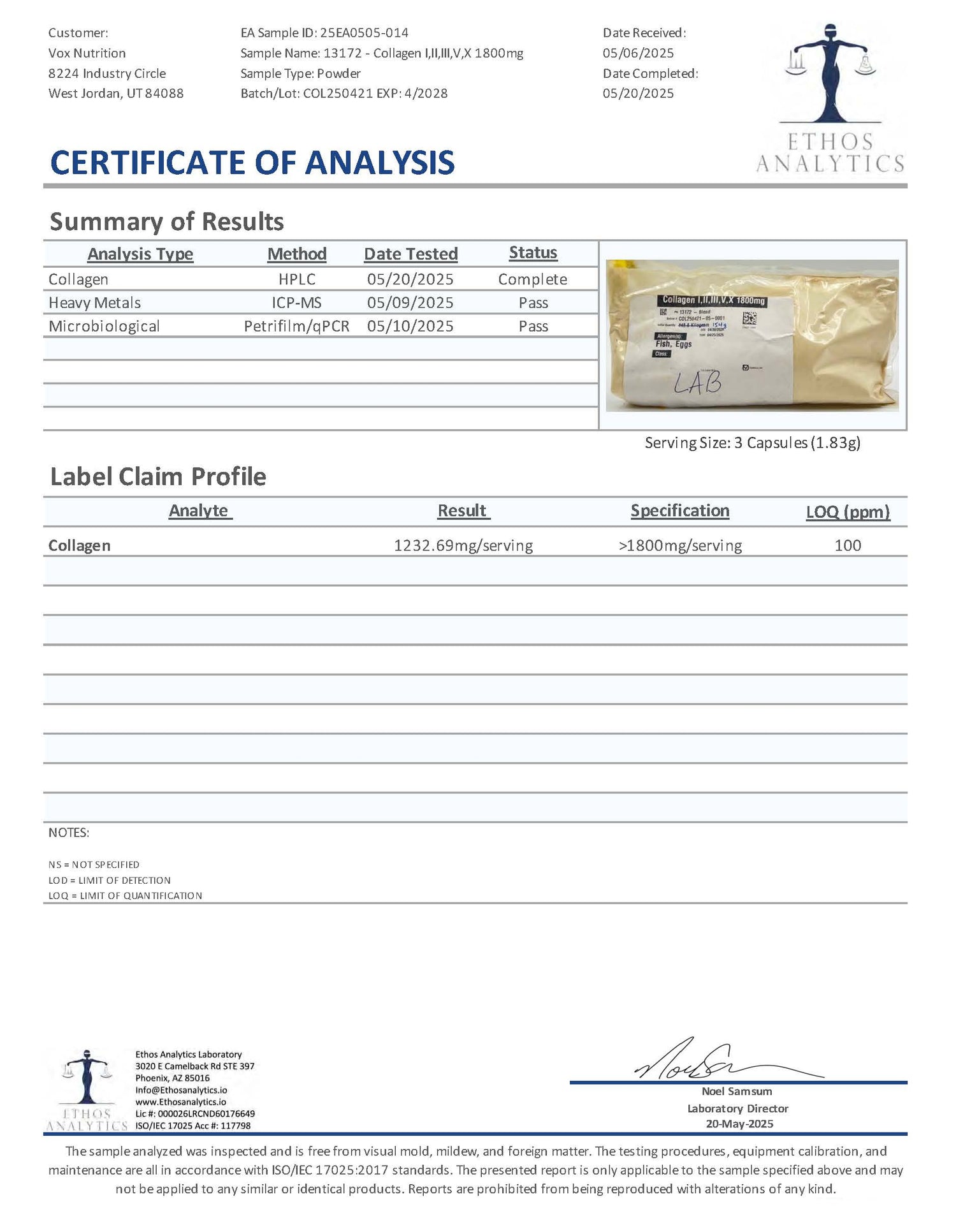 Livsglød — Collagen for skin and joints. Third-party lab test results.