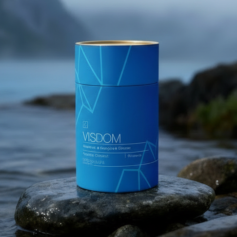 Blue cylindrical container labeled &